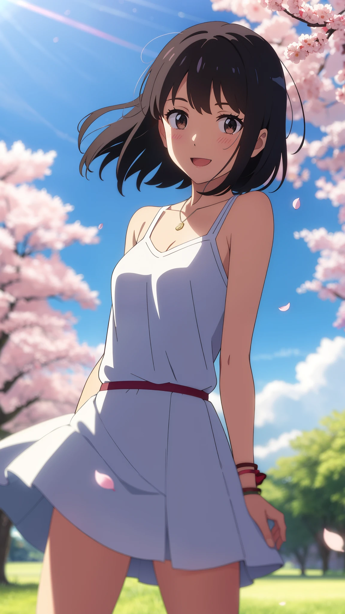 (masterpiece, best quality, high quality, highres, ultra-detailed), shinkai makoto, kimi no na wa., 1girl, bangs, black hair, blush, bright eyes, brown eyes, headband, looking at the viewer, red bow, red headband, red ribbon, white dress, short hair, , solo, day, Outdoors, shinny skin, smile, happy, :D, bracelet, necklace, cherry_blossoms, falling_petals, petals, branch, pink_flower, blue_sky, sunlight, spring_season, wind, tree