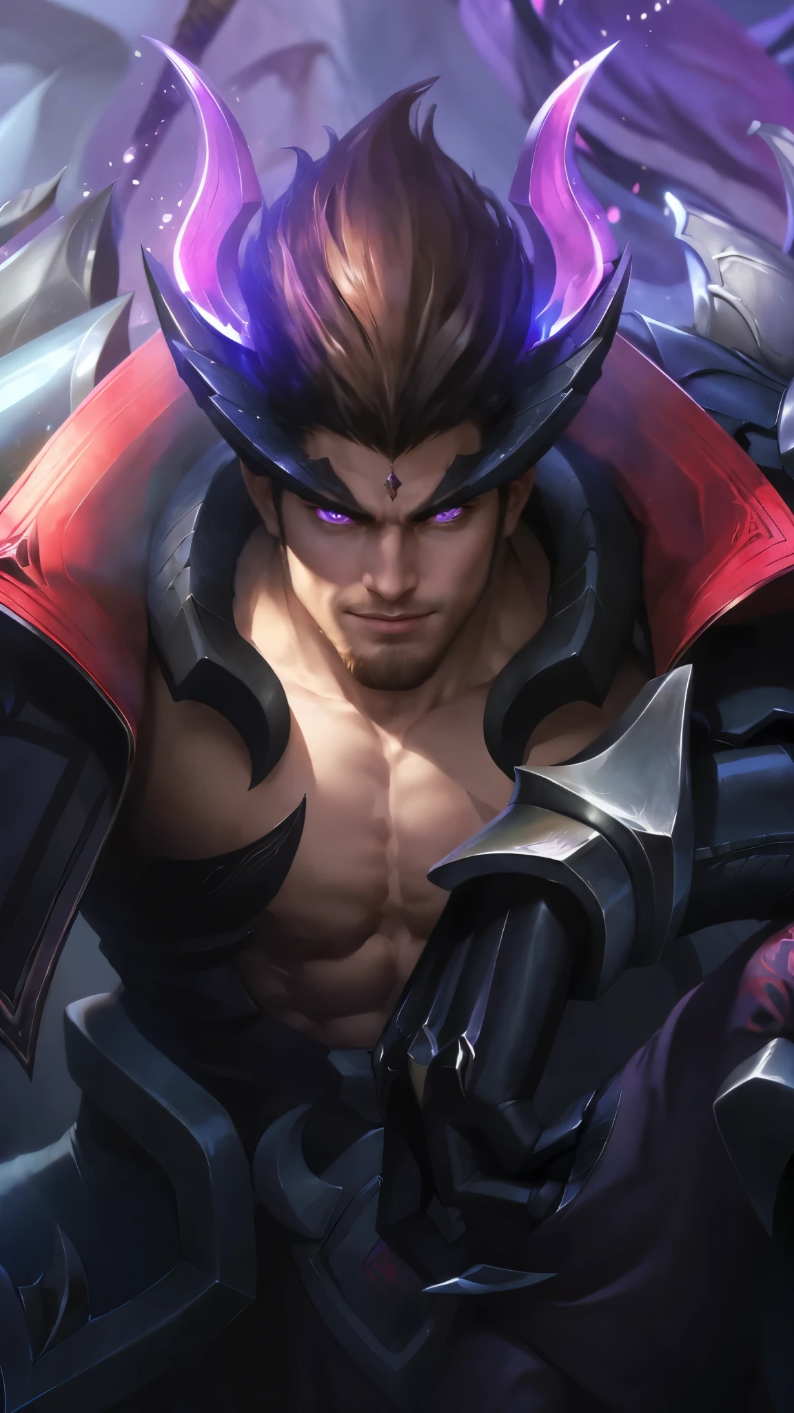 a close up of a boy with a sword and armor, gilgamesh, portrait of dragoon, casimir art, roguish smirk, sylas, official splash art, mobile legends, Best quality, masterpiece, detailed skin texture, detailed clothes texture, detailed face, super detail, 8k, intricate detail, 1 boy, The color doesn't change, Muscle guy, 1 guy, purple eyes.