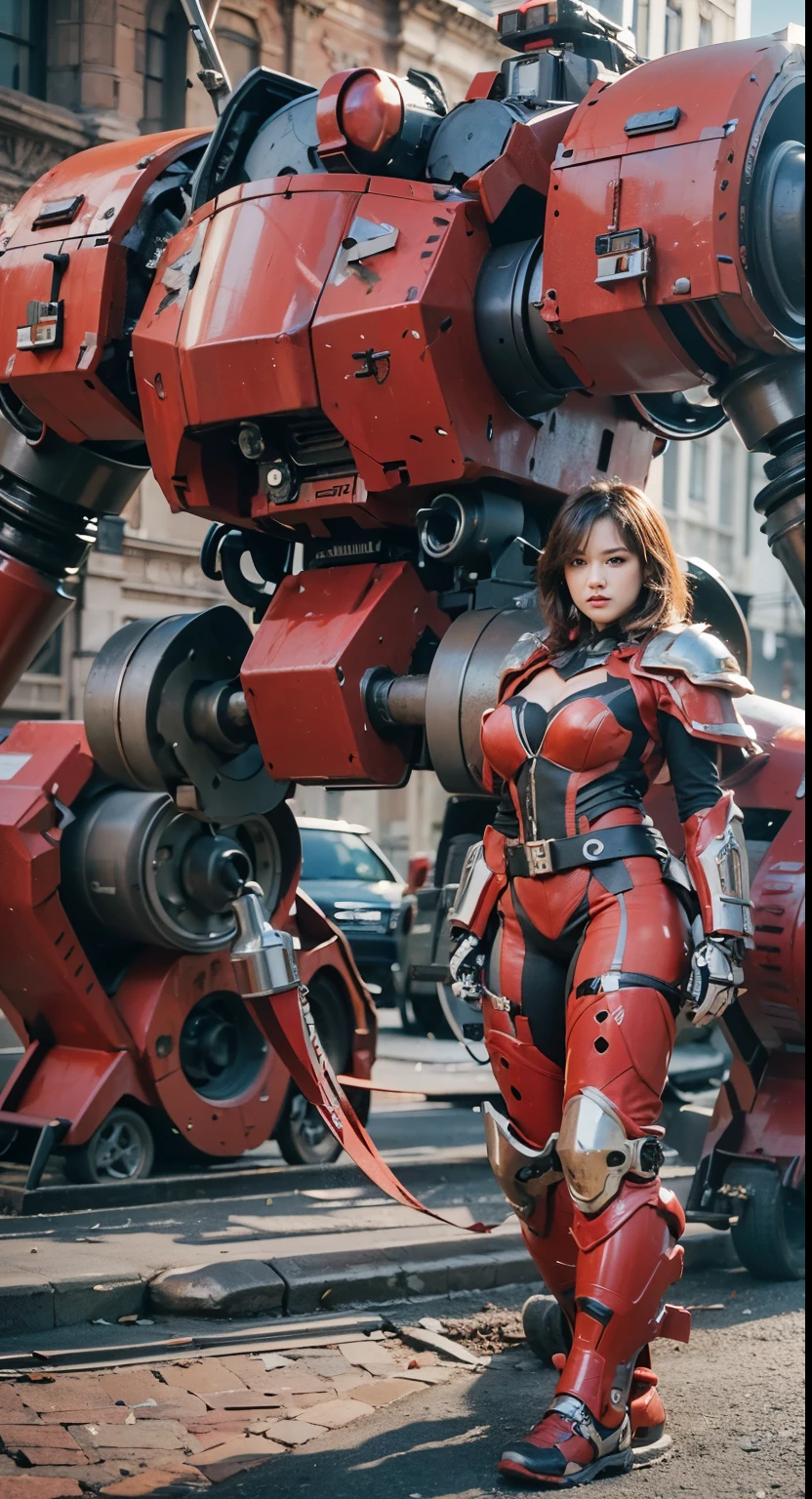 (The main subject: Wide-angle lens), salama，Singer Madonna as Marine Astartes, (Show on the(humongous large breast)Power mech) colours： red colour, (warhammer40k)，Realistic metal mech,Standing in the street.(masterpiece, best quality:1.2), (8k uhd, 16k, 32k, ultra high res), (photorealistic:1.37), (RAW photo), ultimate-realistic, ultimate-realistic details, ultimate-realistic texture, ultimate-intricate details, ultimate-realistic lighting, ultimate-realistic shadow, japanese girl, ultimate-cute face, ultimate-RAW skin, ultimate-realistic eyes, (mechanical:1.4),  (armor), full body, wide shot