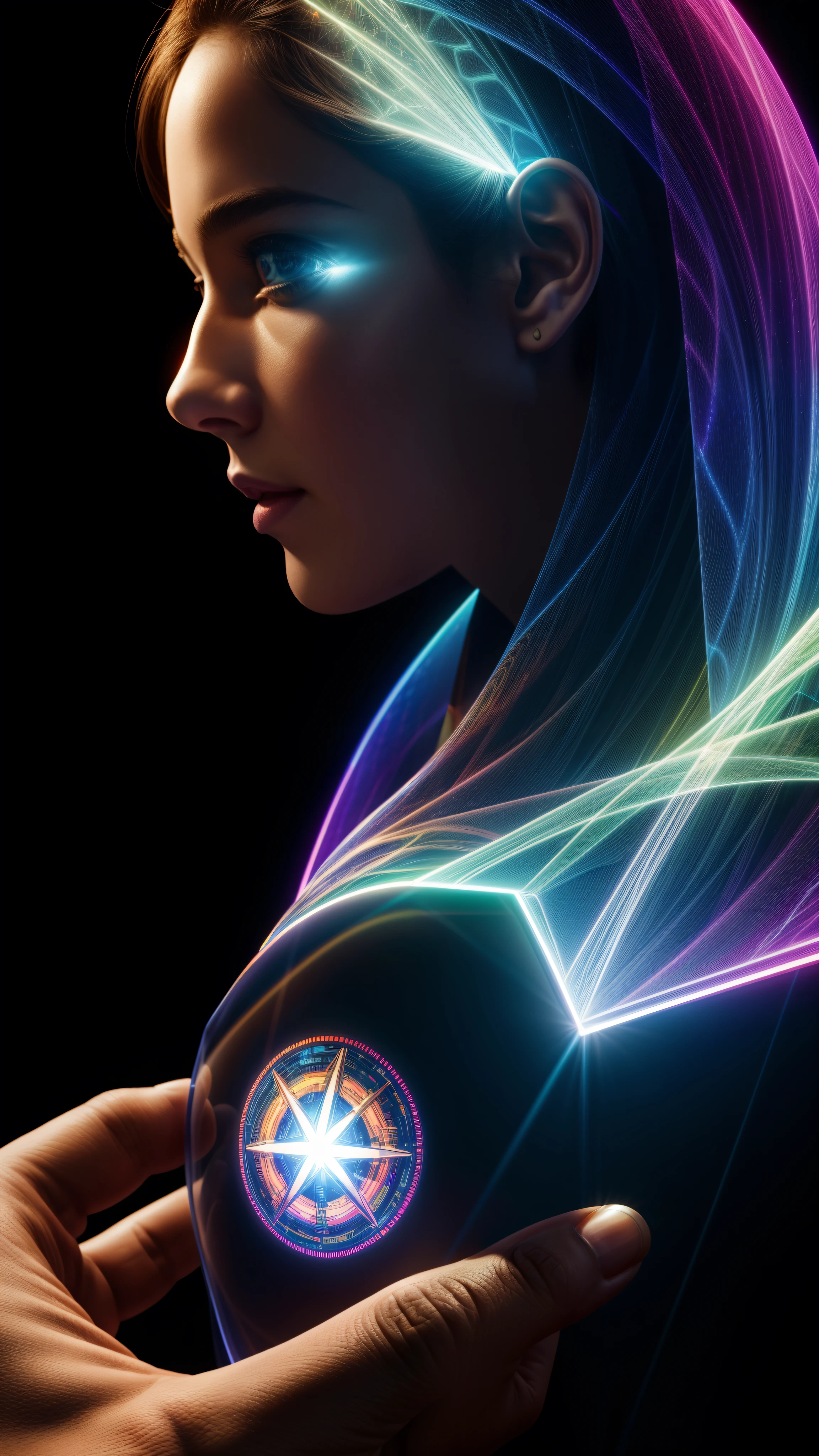 AI-generated holographic displays coexist with the physical realm, creating immersive and interactive environmen quality, 4k, highres, ultra-detailed, masterpiece:1.2), vivid colors, sharp focus, HDR, studio lighting, (realistic:1.37) [shadow and light], [smooth lines and textures]