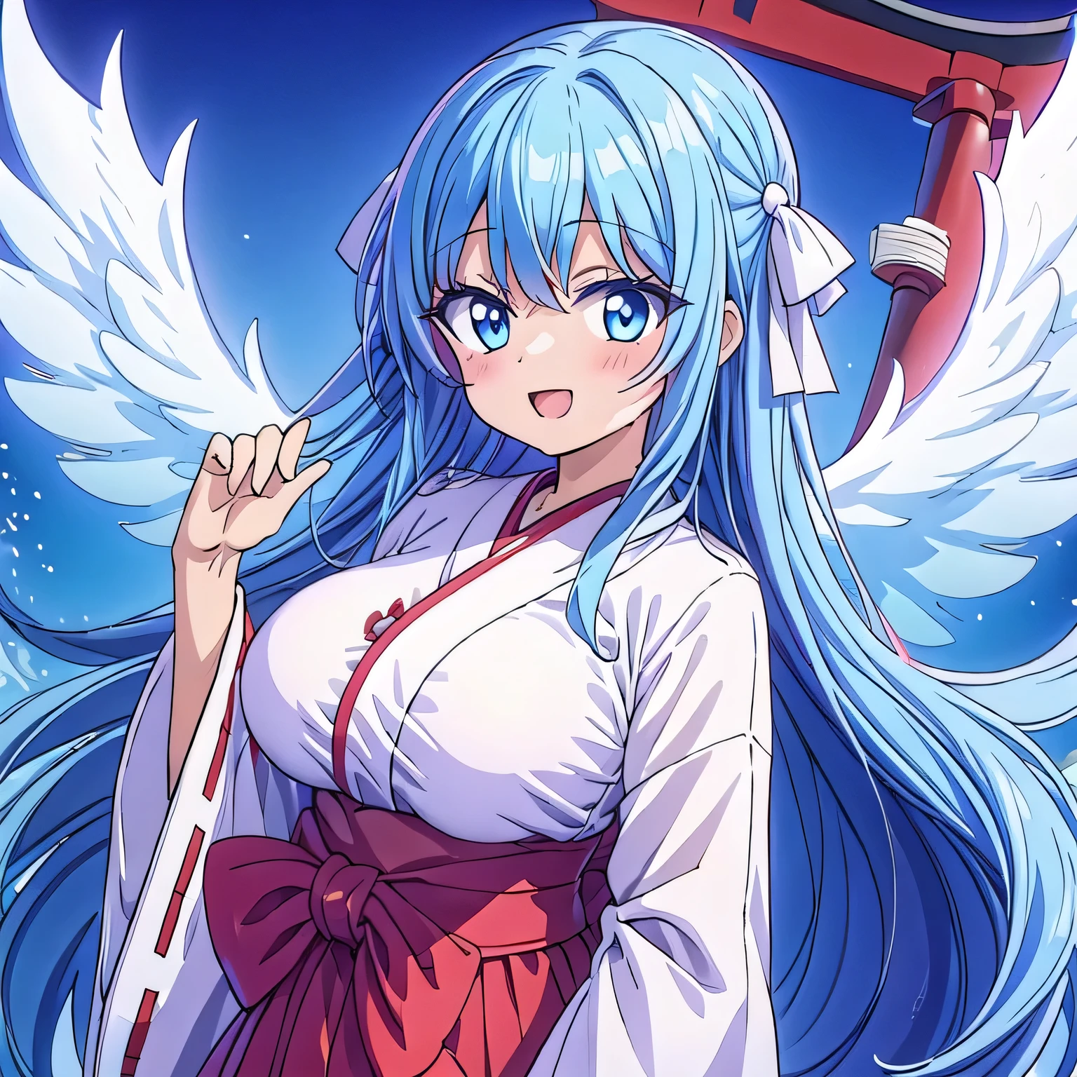 highest quality　High resolution　Simple Shrine maiden outfit　Shrine maiden服　White ribbon　Shoelace knot　Anime style illustrations　Shrine maiden　cute　Big Breasts　smile　Scarlet hakama　Bright Blue Eyes　Hime cut 　One Woman　Light blue hair　semi-long　　Wide sleeves　Long hem　cute eyes　Cherry blossom background　Looking up