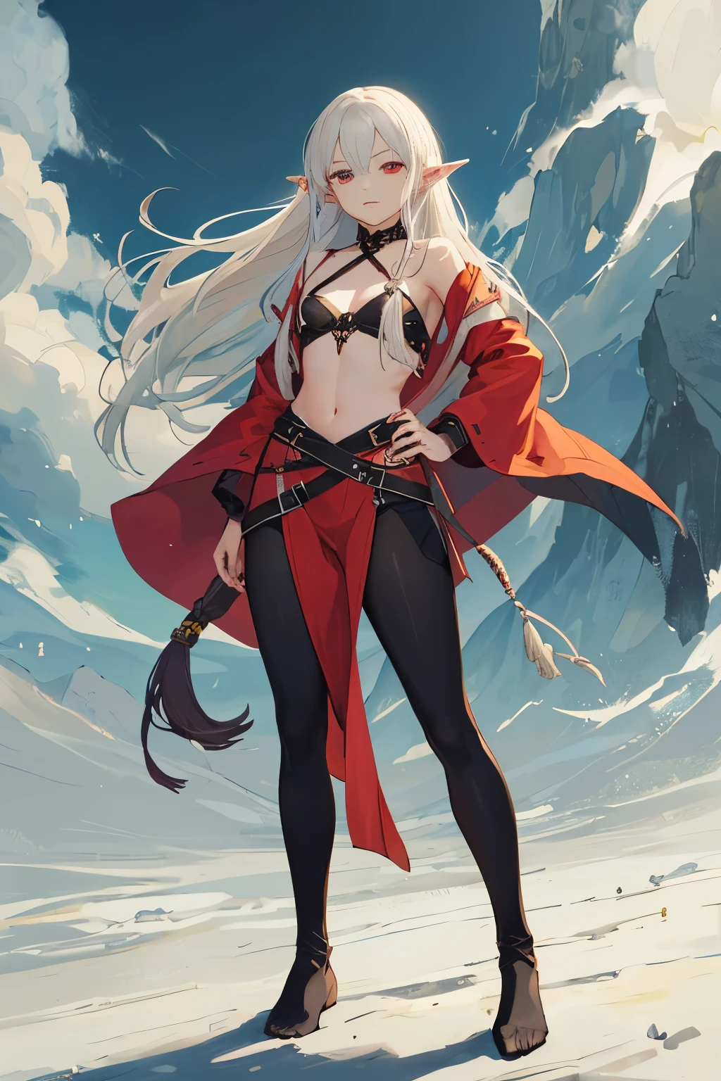 straight view,
standing upright.
young beautiful elf vampire,
very detailed face and body,
long ash hair,
Red eyes,
serious expression,
dark open top on the chest,
shorts,
without shoes,
chest cutout,
open chest size 2,
possesses the magic of the elements of wind,
soars high in the sky,
32k.