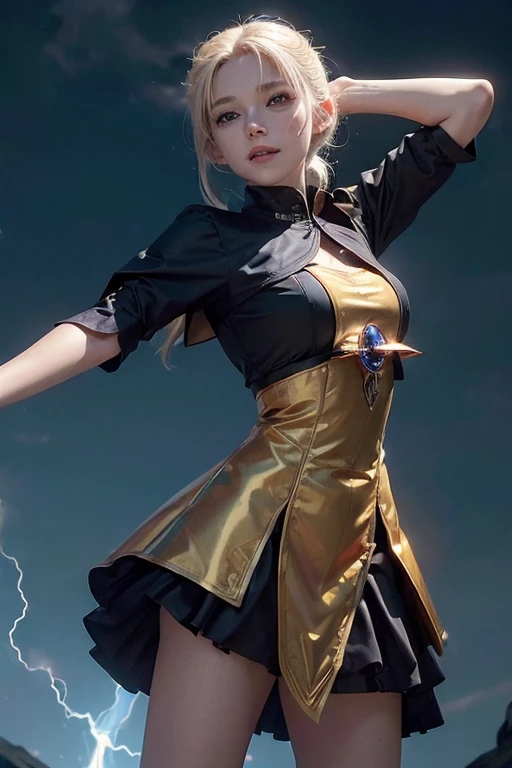 (master piece:1.8), (best quality:1.8), (exquisite lighting and shadow, highly dramatic picture, cinematic lens effect) 8k, wallpaper, looking at the viewer, open arms, female ponytail yellow gold hair on one side thin and short fantasy witch wearing a smooth and futuristic black mini dress with gold ornaments and gold lines, black mini skirt, thin waist, hips, red ribbon in waist, beautiful blue eyes, beautiful lips, beautiful smile, shiny red flame behind, clouds and sky background, ethereal lightning, sharp focus