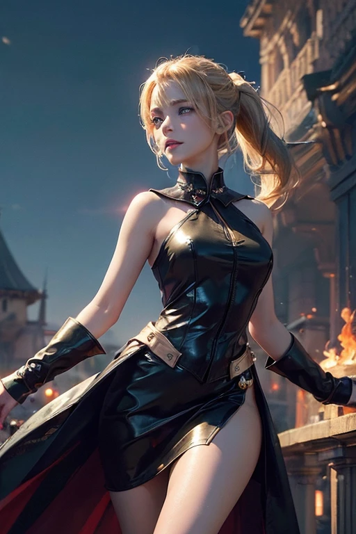 (master piece:1.8), (best quality:1.8), (exquisite lighting and shadow, highly dramatic picture, cinematic lens effect) 8k, wallpaper, looking at the viewer, open arms, female ponytail yellow gold hair on one side thin and short fantasy witch wearing a smooth and futuristic black mini dress with gold ornaments and gold lines, black mini skirt, thin waist, hips, red ribbon in waist, beautiful blue eyes, beautiful lips, beautiful smile, shiny red flame behind, clouds and sky background, ethereal lightning, sharp focus
