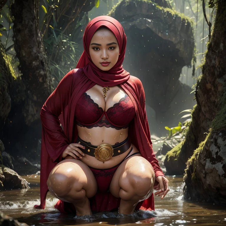 (((Two:2 hijab girls in group gorgeous with big breasts, big breasts, big breasts, two:2 MAPAY women in lingerie posing for a picture in a jungle, oppai, posing together in bra, MIRA FILZAH and IMAN TAYORE, red bra, all red, oppai proportions, sexy :8, 4k))), 4 k ], big breasts!, bottom angle, big breasts!!, Malay beauties, biomechanical oppai, fujita goro and jones, thicc,RAW, Best quality, high resolution, masterpiece: 1.3), beautiful Hijab Malay woman in raincoat, high resolution, Masterpiece: 1.3,  Masterpiece, Soft smile,  black hair, crouching on rock, raining, vines all around, giant and wet trees ,bright sunshine, highres,4k,HDR,2 girls, photorealistic, realistic,sweat skin, wet bikini, wet body, big breast, ((full body))soaked, dripping, smiling at viewer, closeup, wearing hijab, hijab star, hijab gorgeous, hijab super model, Malaysian girls group,malay, The whole body consists of a young girl with hijab, Eye makeup, 21yo, Cat ears, Soft lighting, group, Wear shabby clothes, Dirty, Tattered futuristic bikini, Cat's paw badge, Pose, spot color, rendering by octane, Ultra-realistic intricate details, Cinematic, 8K resolution, 70mm, emphasis lighting, Global illumination, Full body portrait, clean detailed faces, Complex clothing, Cute face,  (((wearing a Sexy belt design by LV))) Surreal full-body figure, Beautiful and delicate body and face, gorgeous figure, ssmile, Titillating，Surreal full-body figure，Beautiful and detailed body and face, Super vista, White skin of the, vivd colour,🔥8k, masterpiece, RAW photo, best quality, (18k detail:1.2), photorealistic, extremely, deep shadow, earrings, bracelets, necklace,