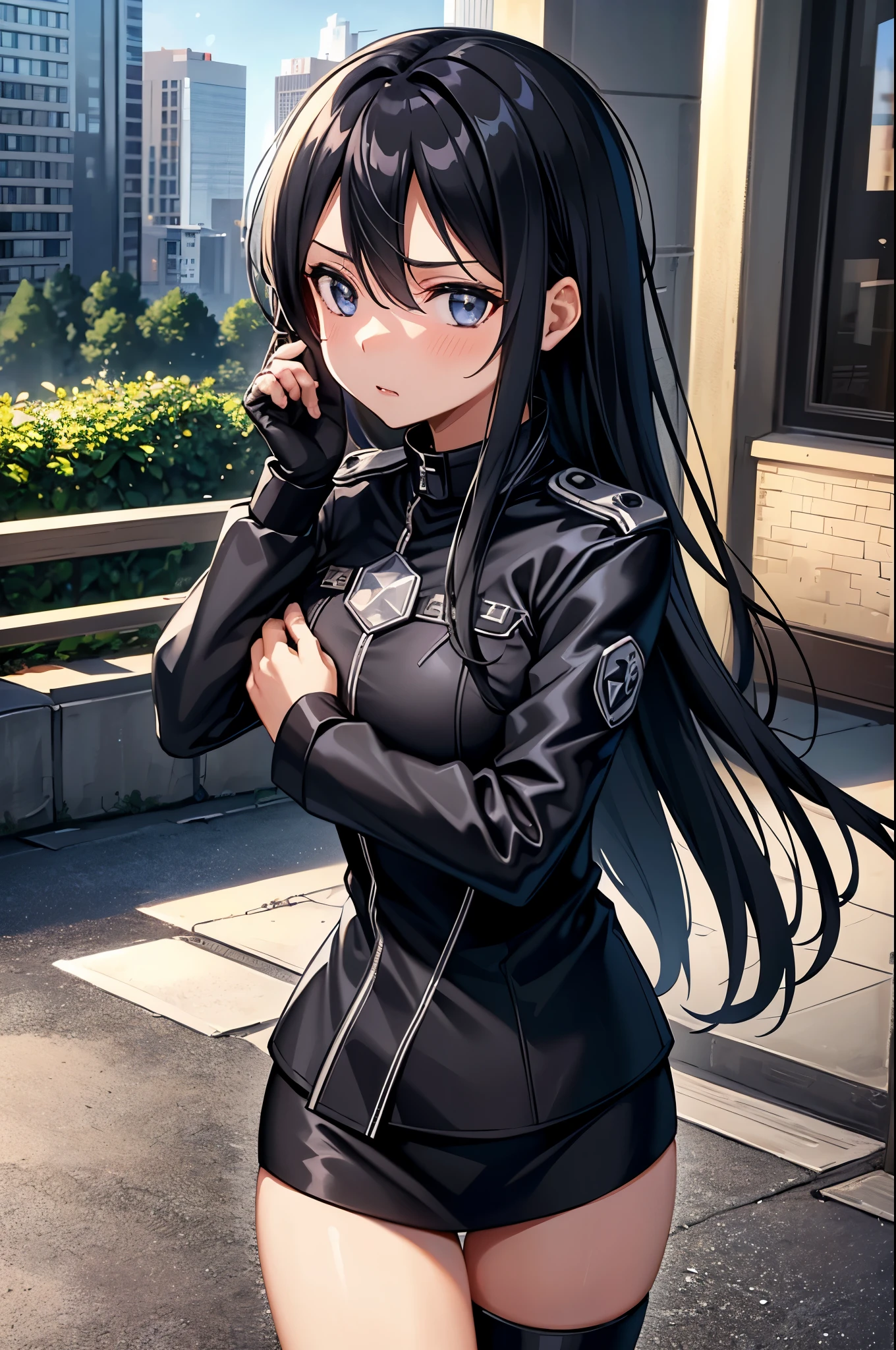 (masterpiece), best quality, expressive eyes, perfect face, highres, 1girl, solo, (female:1.5), kirito, black hair, long hair, black eyes, hair between eyes, black jacket, open jacket, black shirt, black pants, black fingerless gloves, modern city, blushing, worried face, standing, cowboy shot, looking at the viewer