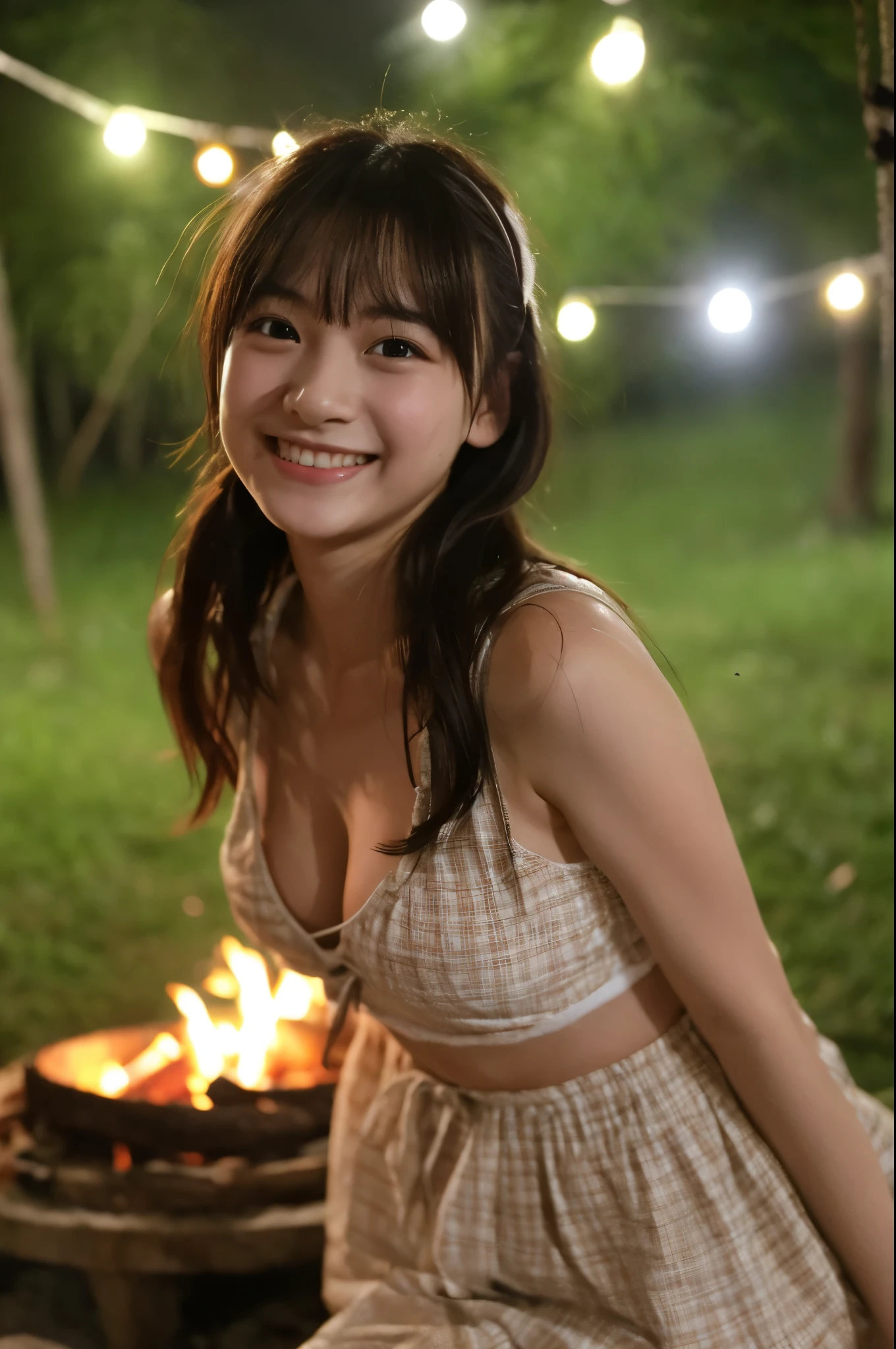 cute,  アイドルのようにcute16歳少女、Smiling Kindly、Cleavage、Forest campsite at night、Dim lighting、bonfire、whole body、RAW Photos、Genuine、Real、Realスティック、Raw photo、High resolution、Life、No copyright notice