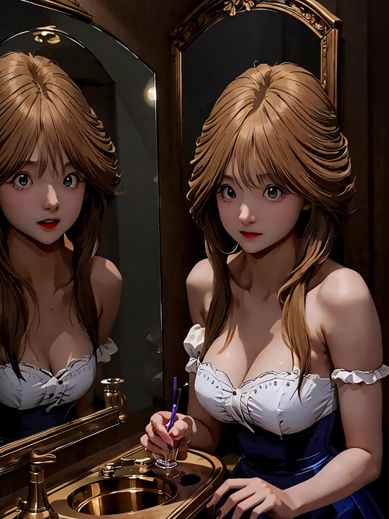 an image of, someone drinking a potion and transforming into a woman, their reflection revealing their surprised expression.