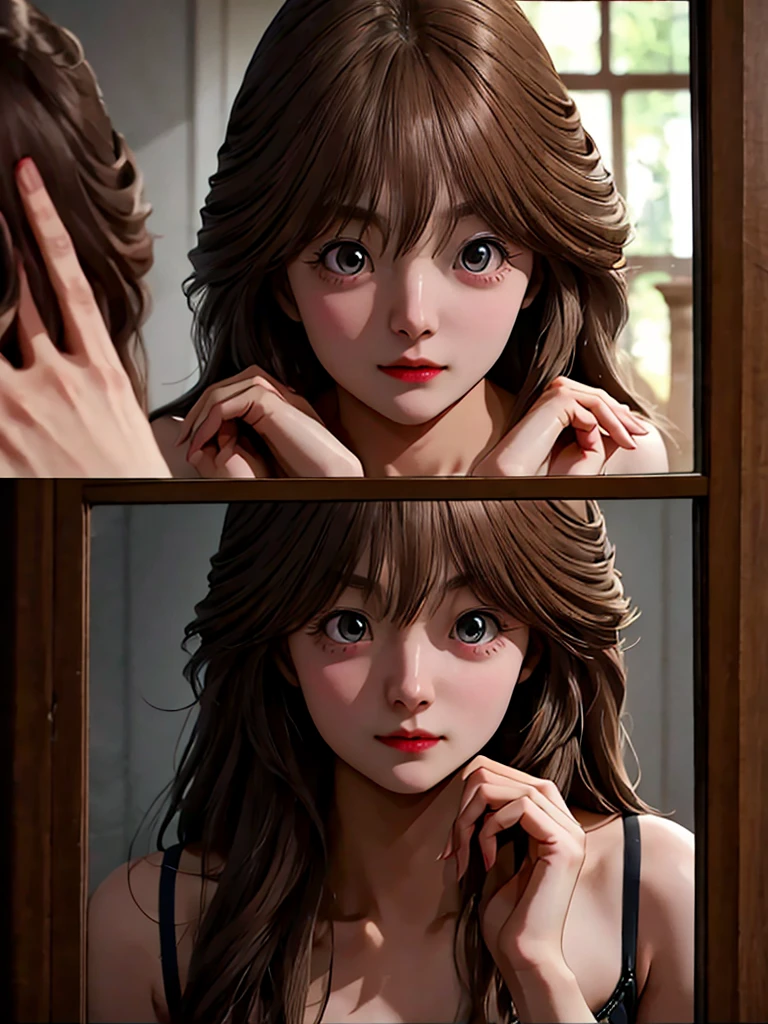 an image of, someone drinking a potion and transforming into a woman, their reflection revealing their surprised expression.