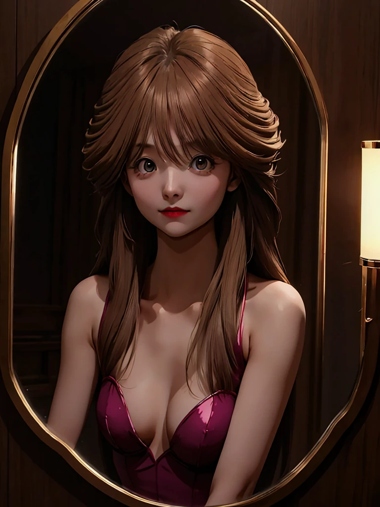 an image of, someone drinking a potion and transforming into a woman, their reflection revealing their surprised expression.