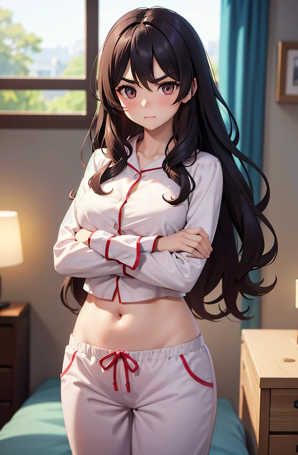 super fine illustration, vibrant colors, masterpiece, sharp focus, best quality, depth of field, cinematic lighting, ultra detailed, sleeves, crop top, pajamas, button up, pajama pants, drawstring, belly button, midriff, wide hips, 1 woman, home, solo, milf, very messy hair, dark color hair, long hair, curly hair, blush, room, indoors, pouting, mature female, tall woman, medium breasts, v-shaped eyebrows, crossed arms