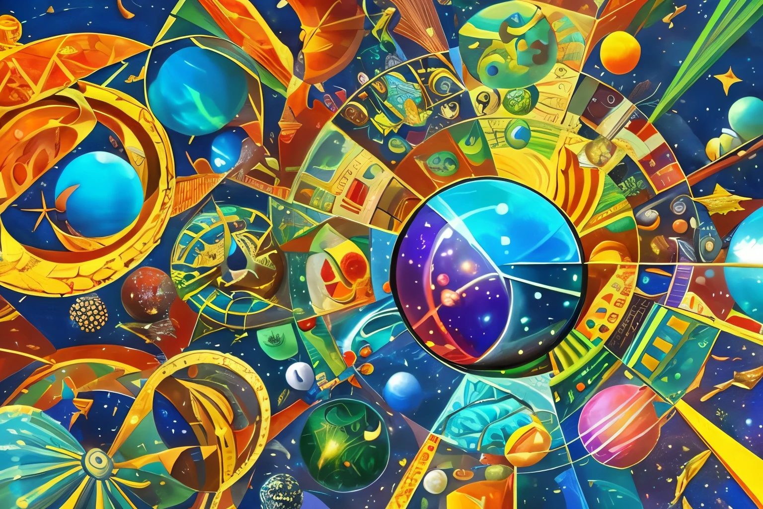 fusion artwork, best quality, super fine, 16k, incredibly absurdres, extremely detailed, delicate, flashy and dynamic depiction, constellations, heavenly bodies, planets, kaleidoscope, planetarium, mixture art, blend art, design art, artwork