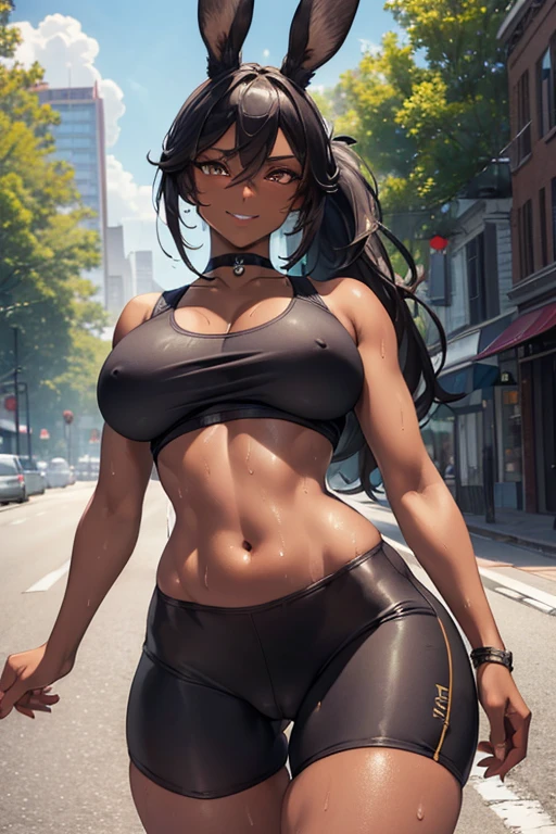 (masterpiece), best quality, highly detailed faces, (SHARP details), 4k, highly detailed, expressive eyes, SHARP detail expressive eyes, (SHARP detail perfect face), ((dark skin)), (bunny ears), (viera), ((black hair)), (choker) amber eyes, ponytail, wild tomboy hair, (large breasts), smiling, standing, (wearing tight white tank top), white tank top, 20 years old, ((wearing tight cycling shorts)), ((solo)), nice hips, curvy, (((view from front))), , tall woman, outdoors, road, (cameltoe), midriff, big ass, crotch, ((sweat)), cleavage,