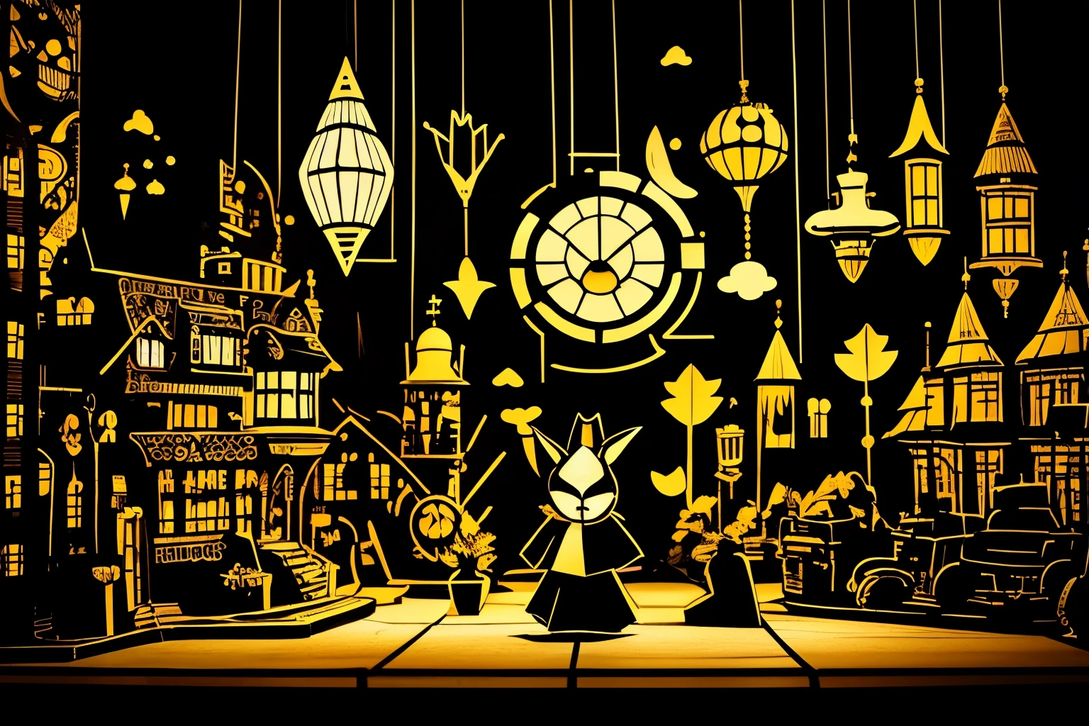 best quality, paper puppet theater, black paper shadow puppets, rabbit, cat, girl, background stained glass, steampunk, dieselpunk, clockpunk, Grimm, Andersen, Aesop