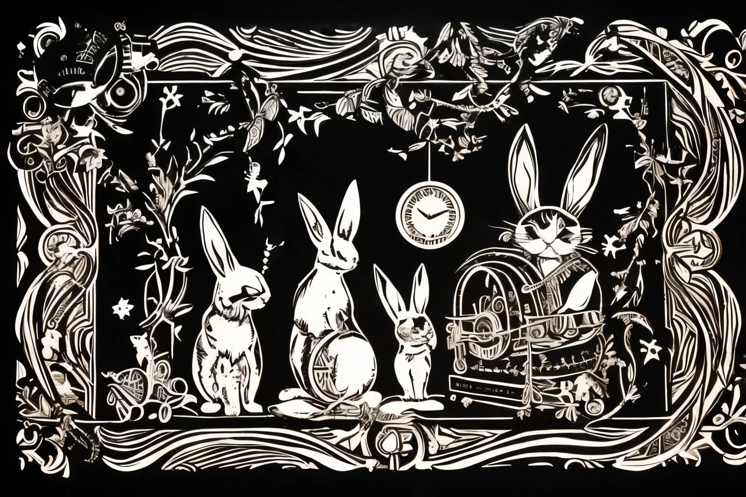 best quality, paper puppet theater, black paper shadow puppets, rabbit, cat, girl, background stained glass, steampunk, dieselpunk, clockpunk, Grimm, Andersen, Aesop