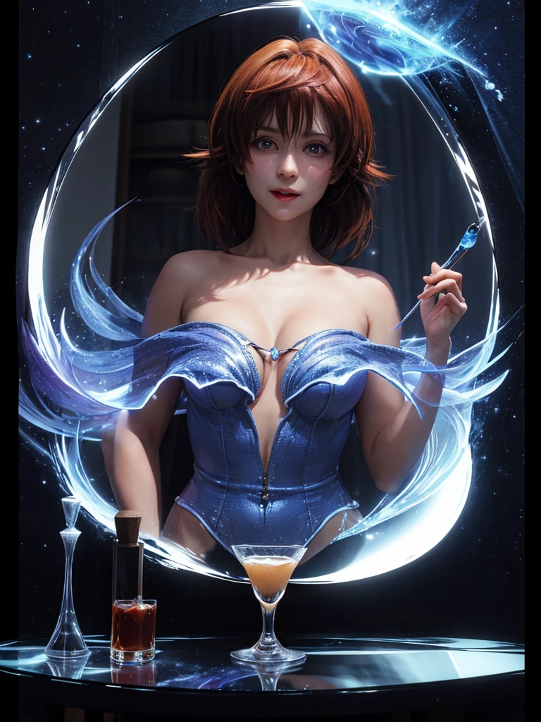 an image of, someone drinking a potion and transforming into a woman, their reflection revealing their surprised expression.