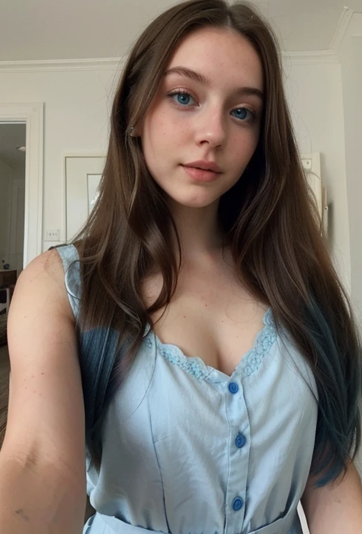 A Beautiful British Girl Around 21 With Beautiful Long Hair And Minimum Make-up and Blue Colour Eyes Talking Selfies