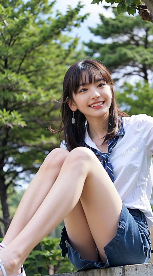 (8k、foto cruda、of the highest quality、Obra maestra:1.2)、(realista、Photoreal)、1 chica、(Puedo ver tus pies、cola de caballo、pechos grandes、visto desde el frente、Stand with your legs apart with both eyelashes、Shine on your eyelids、Skeletally correct、Yemas de los dedos bellamente alineadas、sonrisa、De pie con las manos en las caderas、saca campo