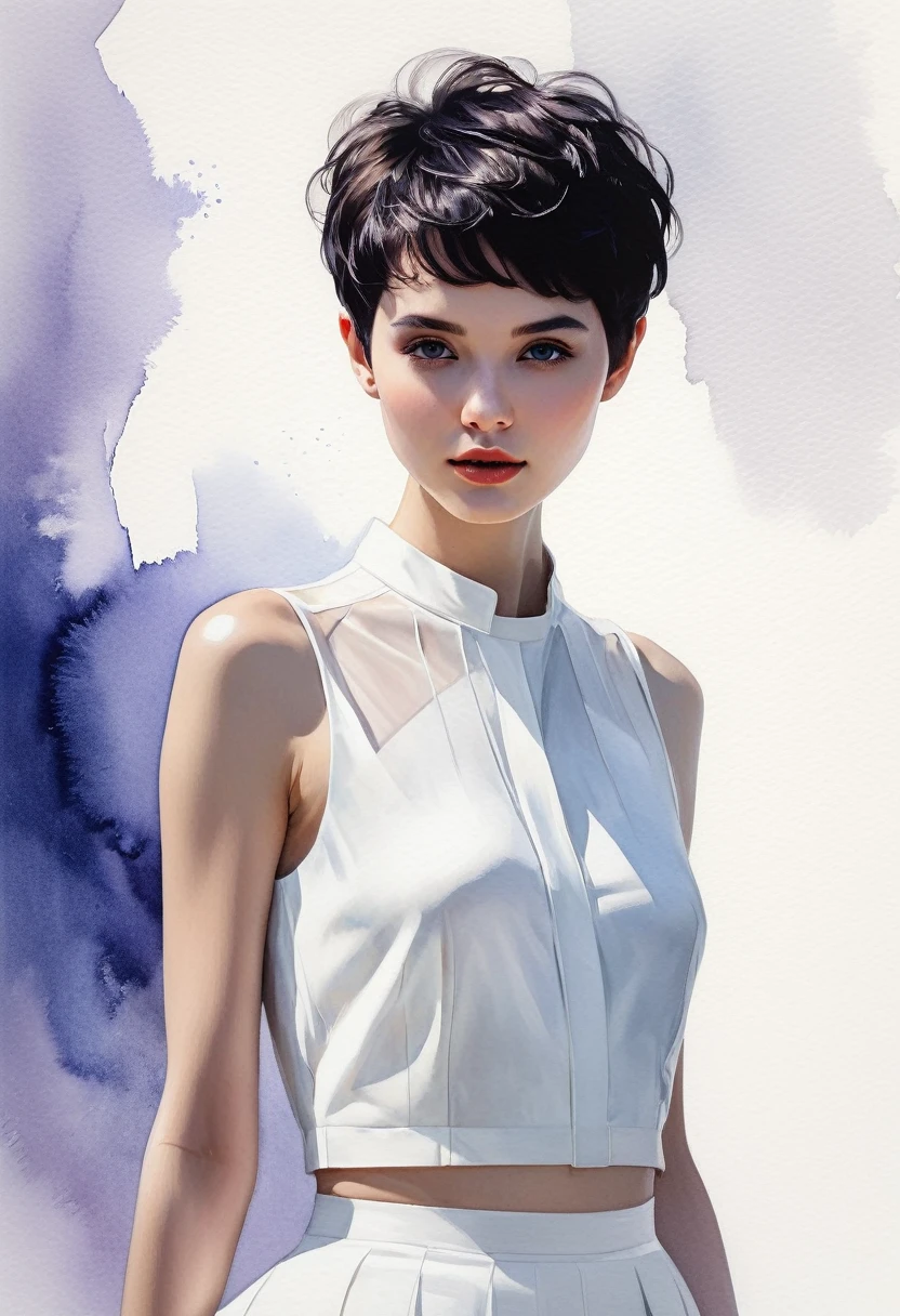 (best quality,highres,masterpiece:1.2),ultra-detailed,short pixie girl,modern art,minimalism,contemporary elegance,dreamcore,elegant fashion,fusion of watercolor and digital illustration,clean,minimalist,and vibrant colors,short hair,graceful,captivating,serene atmosphere,subtle shadows,subtle lighting style,graceful and confident posture,dynamic composition,fine brushwork,fluid lines,unique and thought-provoking,harmonious blending of traditional and modern elements,modern yet timeless,evokes a sense of tranquility and inner peace,dreamy and ethereal mood,subtle and understated beauty,expressive and passionate,stylish and sophisticated,striking contrast between light and dark elements,simplicity and clarity of form,stunning and captivating,creative and innovative,portray the essence of modern elegance