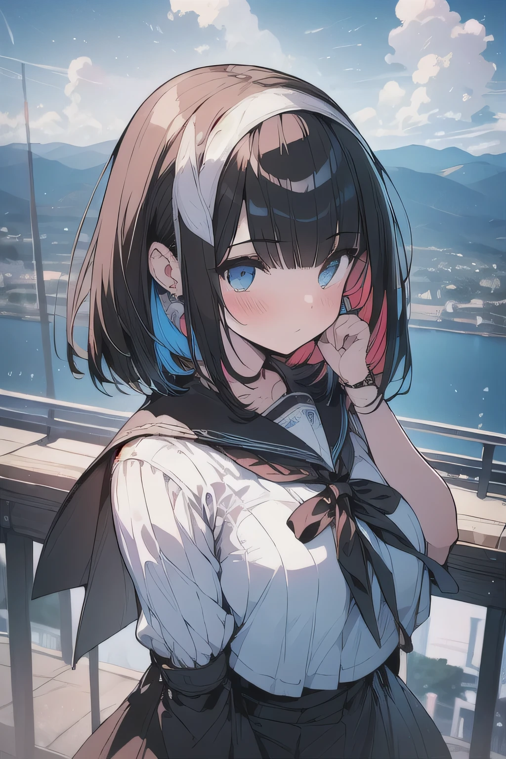 (best quality), (Super detailed), (Best Illustration), (masterpiece), (woman), High Contrast, upper body, (white serafuku), (large breasts), {(detailed eyes), blue eyes}, {brown hair, (sideburns), (bob cut:1.3), curly hair, hairs between eyes, colored inner hair}, blush, earring, hair band, (wind), beautiful sky, (panoramic view:1.4)
