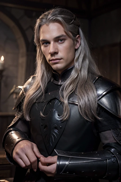 Make an image of Rhaegar Targaryen. The Rhaegar has deep purple colored eyes. He has long, elegant fingers and is tall. Rhaegar's hair is silver-blond. He wears night-black coloured plate armor, with a red three-headed dragon on it.
