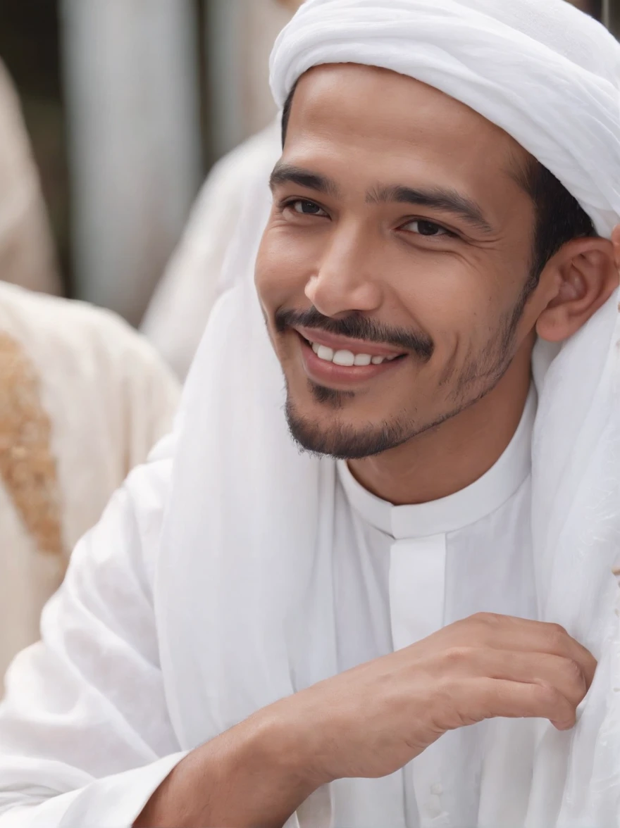 A 30-year-old smiling Indonesian man, wearing a round black peci, white Muslim shirt, white sarong, sat with a 60-year-old man who resembled a Saudi Arabian cleric in white traditional Saudi clothing, both of them looked friendly, with a dark background, in realistic 8k HD photos. Hyperrealistic, splash art, concept art, center shot, intricate details, color depth, dramatic, 2/3 face angle, side light, colorful background