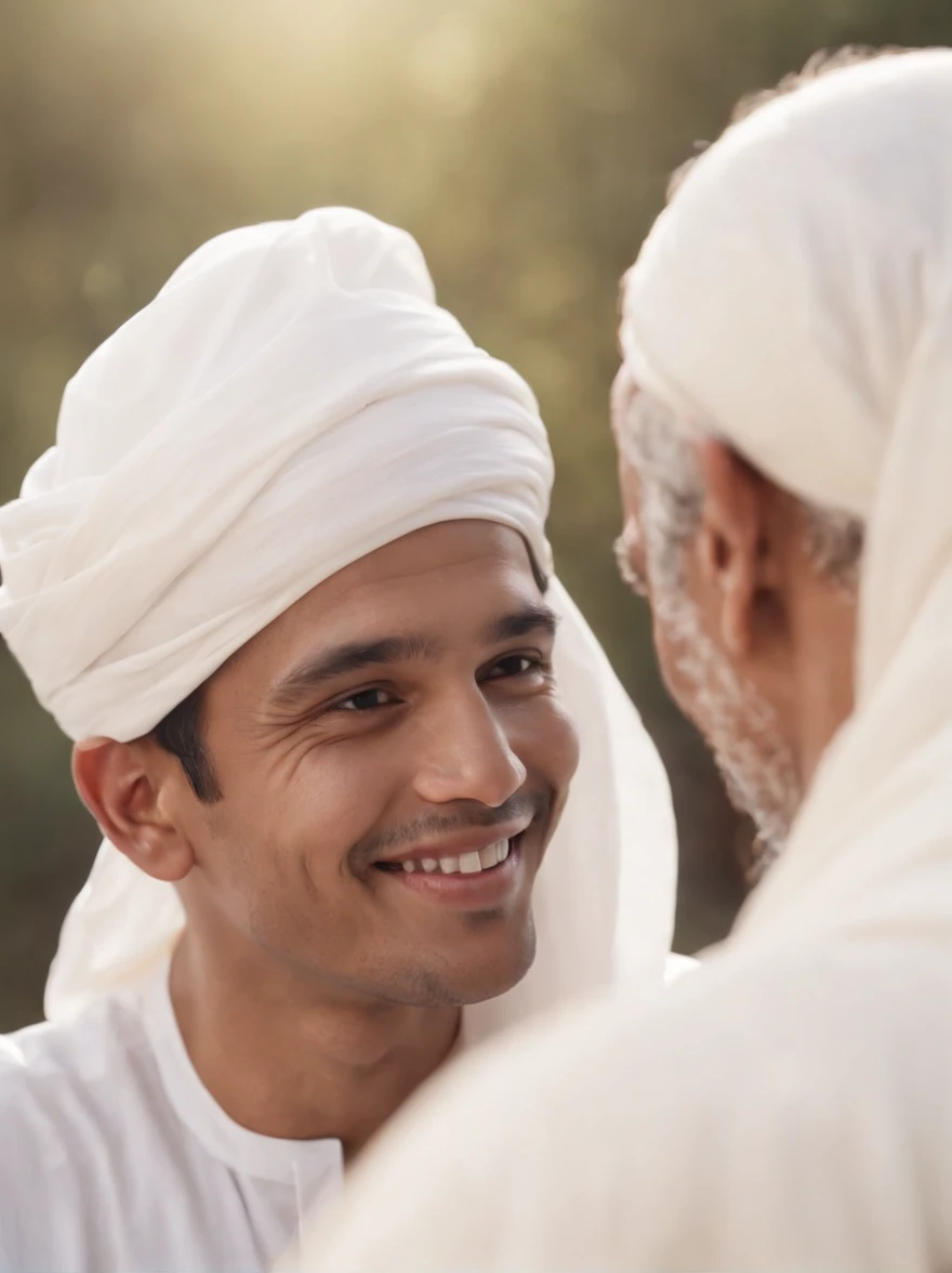 A 30-year-old smiling Indonesian man, wearing a round black peci, white Muslim shirt, white sarong, sat with a 60-year-old man who resembled a Saudi Arabian cleric in white traditional Saudi clothing, both of them looked friendly, with a dark background, in realistic 8k HD photos. Hyperrealistic, splash art, concept art, center shot, intricate details, color depth, dramatic, 2/3 face angle, side light, colorful background