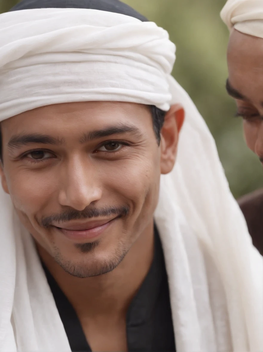 A 30-year-old smiling Indonesian man, wearing a round black peci, white Muslim shirt, white sarong, sat with a 60-year-old man who resembled a Saudi Arabian cleric in white traditional Saudi clothing, both of them looked friendly, with a dark background, in realistic 8k HD photos. Hyperrealistic, splash art, concept art, center shot, intricate details, color depth, dramatic, 2/3 face angle, side light, colorful background