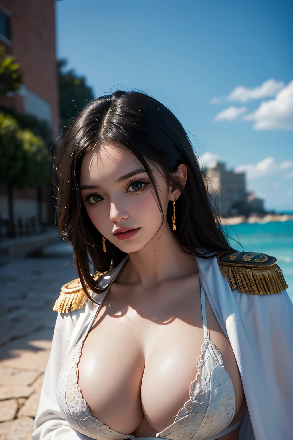 (masterpiece), (best quality), (realistic), Nikon RAW photo, Fujifilm XT3, (detailed, 21 years old young lady captain, big eyes, snake golden earring, looking away), sensual, (ultra detailed), 8k, 4k, intricate, detailed_face, best lighting, outdoors, makeup, bleach background, low rise,(masterpiece, best quality:1.4), outside, (near the sea), 1girl, solo, hancock1, 1girl, boa hancock, ((natural :1.6)), cleavage, l, epaulettes, cape, (white cape:1), crop top, long sleeves, side slit, (european youth woman:1), looking at viewer, beautifull smile, beautiful face, highly detailed face, highly detailed eyes, subsurface scattering, realistupils, full face blush, full lips, detailed background, depth of field, volumetric lighting, sharp focus, absurdres, realistic proportions, (realistic, hyperrealistic:1.4), 16k hdr, full body shots

