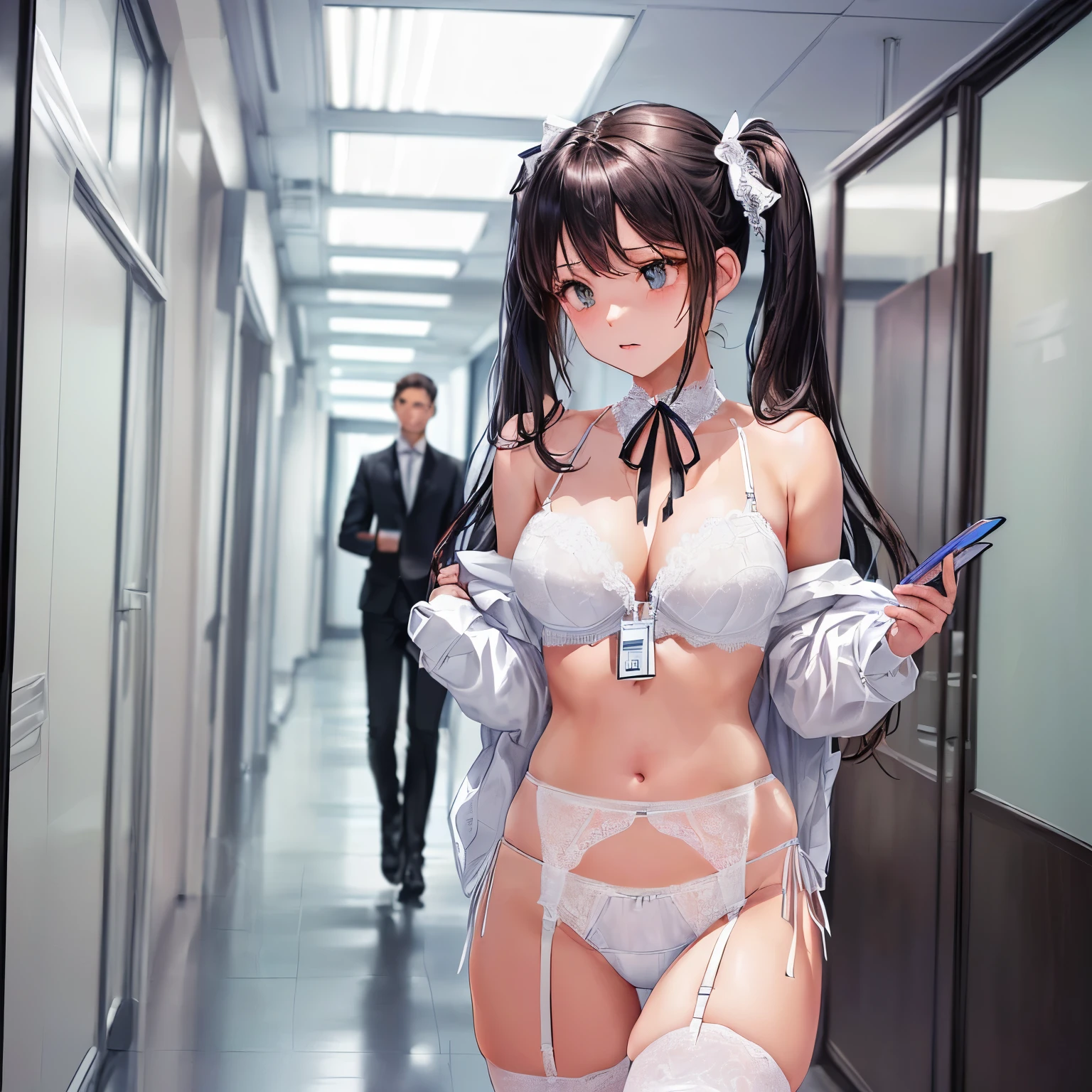 ((下着姿の女性はセクシーにOffice corridorを歩いている:1.4), ((highest quality)), (Super detailed), (Very detailed CG 統合 8k 壁紙), Very detailed, High resolution raw color photos, Professional photography, Brown Hair, Twin tails, Great face and eyes, Slender body, (Stunningly beautiful woman), (Office corridor, Many business people walking down the corridor, There is a window in the hallway:1.3), (Stylish lingerie in white with black lace decoration on white fabric), , (A white bra with black lace on a white fabric.), ((Stylish white satin side-tie panties with lavish embellishments), (White panties with black lace on white fabric)), garter belt, Knee socks, Exact number of arms, Exact number of legs, Perfect Anatomy, (Embarrassed expression, Surprised expression), Angle from the front, (Employee ID card from the neck:1.3)