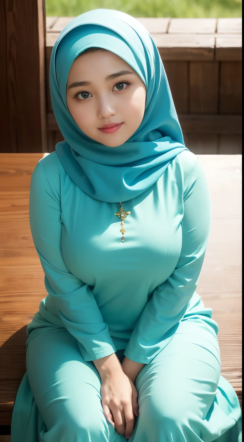 ( Close Up),RAW, Best quality, high resolution, works: 1.3), Beautiful Malay woman in hijab, Masterpiece, fit body, big breasts, beautiful big eyes, Soft smile, beautiful face, woman sitting at a table in a green meadow, traditional beauty, moment sunset, in the field, in the countryside, beautiful woman, with the sunset, wearing a soft long dress,muslim, on a wooden table, hijab, beautiful woman, with a beautiful appearance, a very beautiful masterpiece, a masterpiece of art, good lighting, Bright colors, Clean lines, chubby body, wide chubby hips, chubby arm, chubby massive thighs 