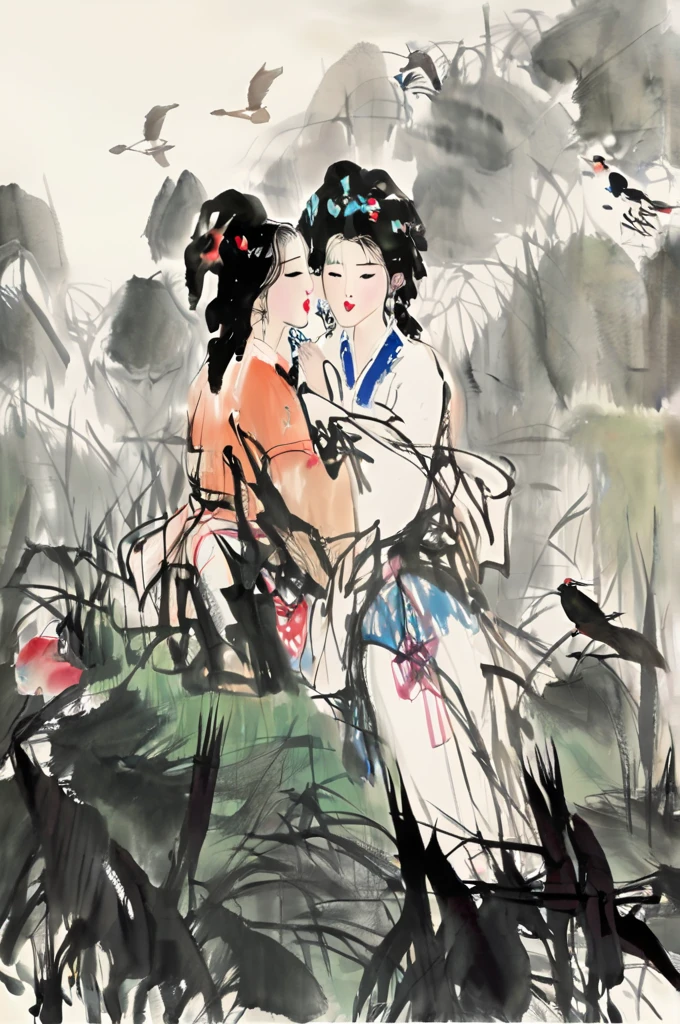 Chinese Ink Painting, 2名女孩互相kiss, kiss，arms in arms，In the Grass,Hanfu,Red lips,Looking at the audience, birds, Trees, Mountains, 