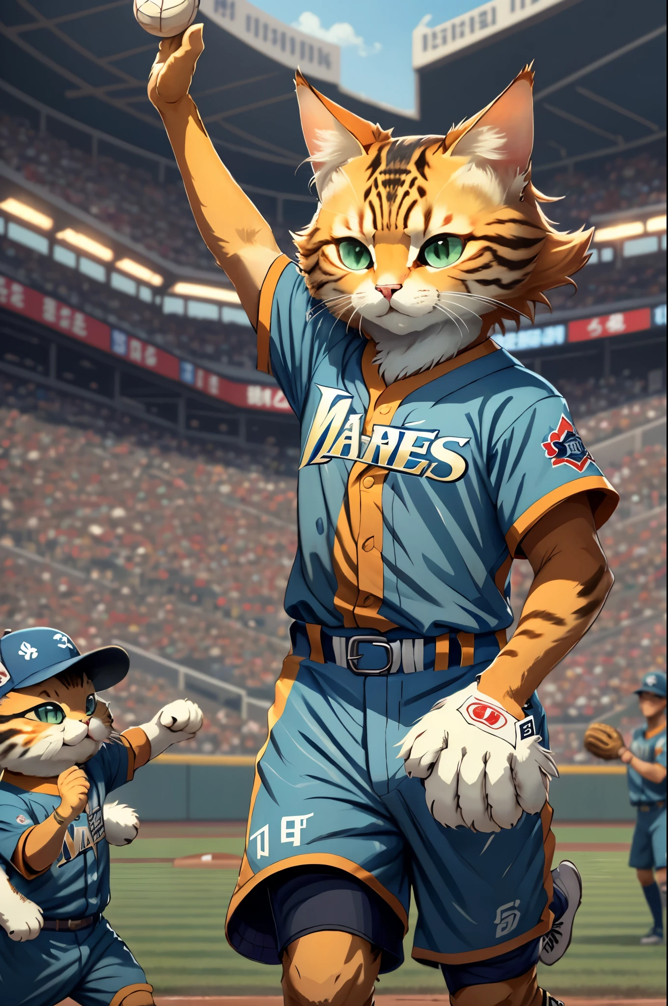 "Pafu-chan, a cat yokai, supporting Lotte Marines"
(main subject) Pafu-chan, a cute cat yokai, shown in a joyful and energetic pose, wearing a cheerleader costume with the Lotte Marines team logo on it. Pafu-chan has a playful expression and is holding a pom-pom in one hand, while the other hand is raised high in the air, showing support for the Lotte Marines baseball team.

(material) The artwork is created in a vibrant and dynamic illustrative style, with bold lines and vibrant colors, reminiscent of Japanese manga and anime. The overall composition is visually appealing, with Pafu-chan as the focal point of the image.

(additional details) The background of the artwork depicts a baseball stadium filled with enthusiastic fans, cheering and waving flags in support of the Lotte Marines. The atmosphere is lively and filled with excitement. Pafu-chan is surrounded by a group of adorable cat yokai fans, each showcasing their unique characteristics and costumes.

(image quality) The image is created with the utmost attention to detail and precision, resulting in a high-resolution, ultra-detailed artwork. The colors are vivid and saturated, with a wide range of tones and hues. The artwork also features realistic shading and highlights, giving it a three-dimensional appearance.

(artistic style) The artwork is inspired by the concept of "kawaii" (cuteness) and combines it with the spirit of sports and team support. It blends elements of Japanese folklore and pop culture, creating a unique and appealing art style.

(color toning) The color palette of the artwork is predominantly vibrant and energetic, with a focus on the team colors of Lotte Marines, which include shades of blue, white, and red. The colors are used to convey a sense of enthusiasm and team spirit.

(light) The overall lighting of the artwork is bright and evenly distributed, with highlights on Pafu-chan and the fans, enhancing the sense of joy and excitement. The lighting creates a pleasant and cheerful atm