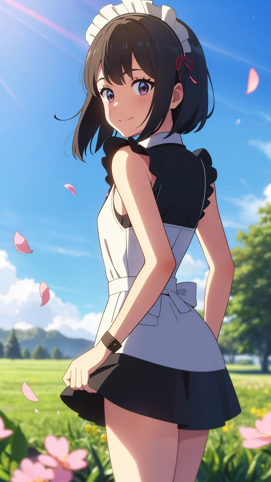 shinkai makoto, kimi no na wa., 1girl, bangs, black hair, blush, round eyes, bright eyes, brown eyes, red headband, red bow, red ribbon, short hair, shinny hair, smile, open mouth, cute, beautiful, shiny skin, looking at the viewer, solo, cute girl, white dress with cherry blossoms, bare shoulders, earrings, cherry_blossoms, falling_petals, petals, branch, pink_flower, blue_sky, spring_season, perfect hands. holding_flower, wind, tree