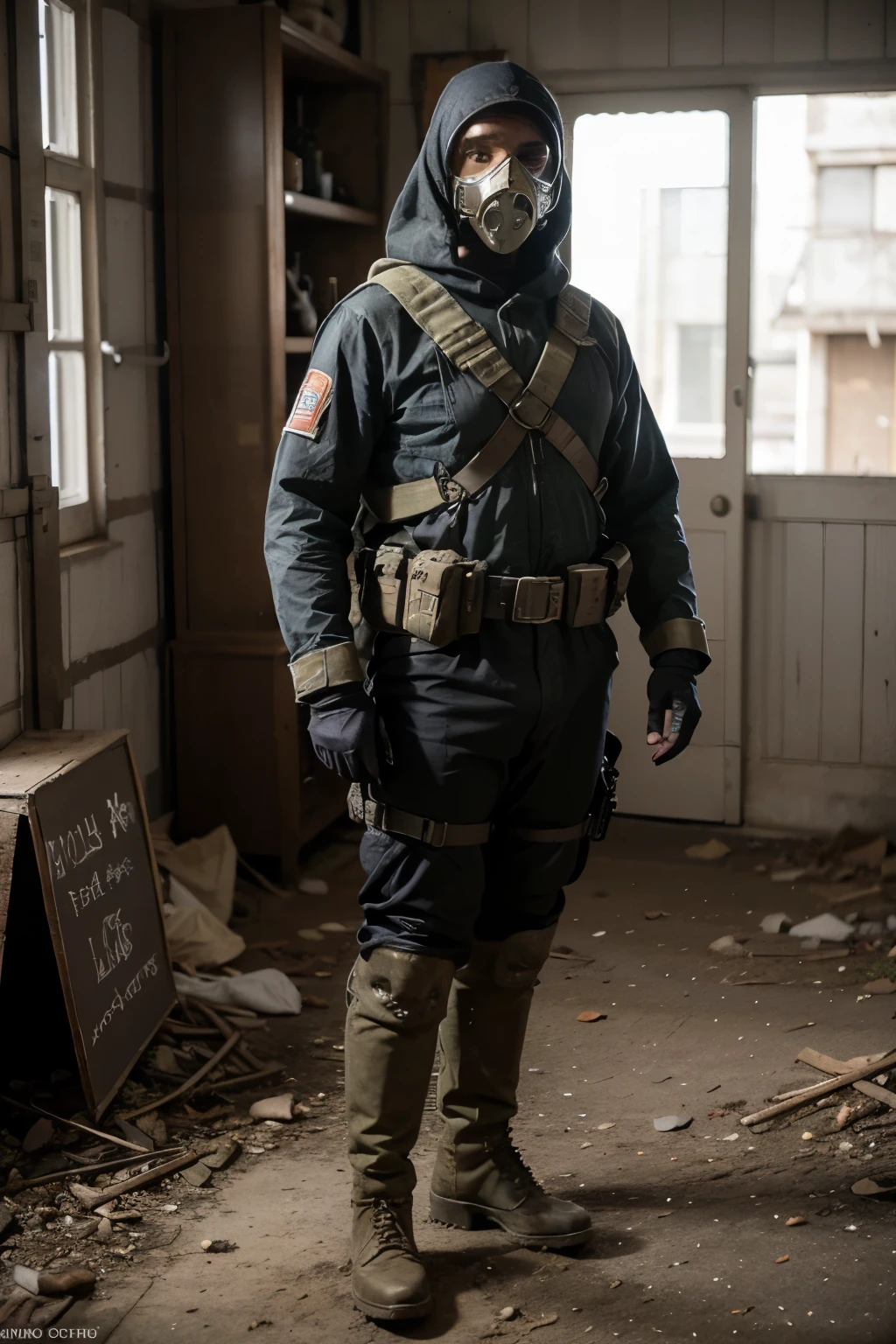 survivor 40 year old Calcasian man with Italian and German features, loiro, 1.7 altura, 72 kg, sedentary, corpo inteiro, apocalyptic army uniform, farda verde, com pistola e coldre, gas mask, army boots
