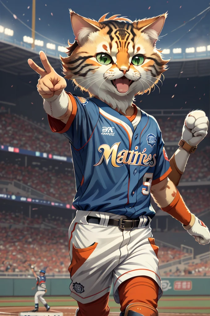 "Pafu-chan, a cat yokai, supporting Lotte Marines"
(main subject) Pafu-chan, a cute cat yokai, shown in a joyful and energetic pose, wearing a cheerleader costume with the Lotte Marines team logo on it. Pafu-chan has a playful expression and is holding a pom-pom in one hand, while the other hand is raised high in the air, showing support for the Lotte Marines baseball team.

(material) The artwork is created in a vibrant and dynamic illustrative style, with bold lines and vibrant colors, reminiscent of Japanese manga and anime. The overall composition is visually appealing, with Pafu-chan as the focal point of the image.

(additional details) The background of the artwork depicts a baseball stadium filled with enthusiastic fans, cheering and waving flags in support of the Lotte Marines. The atmosphere is lively and filled with excitement. Pafu-chan is surrounded by a group of adorable cat yokai fans, each showcasing their unique characteristics and costumes.

(image quality) The image is created with the utmost attention to detail and precision, resulting in a high-resolution, ultra-detailed artwork. The colors are vivid and saturated, with a wide range of tones and hues. The artwork also features realistic shading and highlights, giving it a three-dimensional appearance.

(artistic style) The artwork is inspired by the concept of "kawaii" (cuteness) and combines it with the spirit of sports and team support. It blends elements of Japanese folklore and pop culture, creating a unique and appealing art style.

(color toning) The color palette of the artwork is predominantly vibrant and energetic, with a focus on the team colors of Lotte Marines, which include shades of blue, white, and red. The colors are used to convey a sense of enthusiasm and team spirit.

(light) The overall lighting of the artwork is bright and evenly distributed, with highlights on Pafu-chan and the fans, enhancing the sense of joy and excitement. The lighting creates a pleasant and cheerful atm