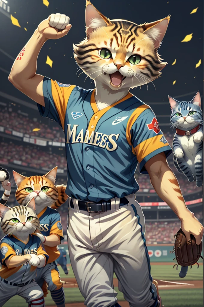 "Pafu-chan, a cat yokai, supporting Lotte Marines"
(main subject) Pafu-chan, a cute cat yokai, shown in a joyful and energetic pose, wearing a cheerleader costume with the Lotte Marines team logo on it. Pafu-chan has a playful expression and is holding a pom-pom in one hand, while the other hand is raised high in the air, showing support for the Lotte Marines baseball team.
(material) The artwork is created in a vibrant and dynamic illustrative style, with bold lines and vibrant colors, reminiscent of Japanese manga and anime. The overall composition is visually appealing, with Pafu-chan as the focal point of the image.
(additional details) The background of the artwork depicts a baseball stadium filled with enthusiastic fans, cheering and waving flags in support of the Lotte Marines. The atmosphere is lively and filled with excitement. Pafu-chan is surrounded by a group of adorable cat yokai fans, each showcasing their unique characteristics and costumes.
(image quality) The image is created with the utmost attention to detail and precision, resulting in a high-resolution, ultra-detailed artwork. The colors are vivid and saturated, with a wide range of tones and hues. The artwork also features realistic shading and highlights, giving it a three-dimensional appearance.
(artistic style) The artwork is inspired by the concept of "kawaii" (cuteness) and combines it with the spirit of sports and team support. It blends elements of Japanese folklore and pop culture, creating a unique and appealing art style.
(color toning) The color palette of the artwork is predominantly vibrant and energetic, with a focus on the team colors of Lotte Marines, which include shades of blue, white, and red. The colors are used to convey a sense of enthusiasm and team spirit.
(light) The overall lighting of the artwork is bright and evenly distributed, with highlights on Pafu-chan and the fans, enhancing the sense of joy and excitement. The lighting creates a pleasant and cheerful atm
