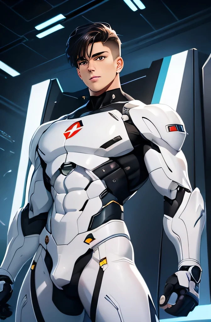 cyborg Machine Body White body A muscular white robot A handsome 20-year-old man with short, black hair looking at the camera Mega bulge in the crotch