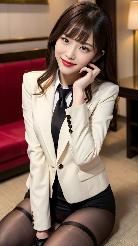 (8k、RAW Photos、highest quality、masterpiece:1.2)、(Realistic、Realistic)、detailed、Japanese、Attractive beauty、Attractive adult woman、Beautiful woman、Sharp Eye、Cool girl、Wavy Hair、Swept-apart bangs、Black business suit、pantyhose、Shining beautiful legs、lipstick、Lip gloss、Heavy makeup、Grin、evilな表情、evil、Hollow Eyes,Half-closed eyes、Hollow Eyes、evil、Hotel Suite、Are standing