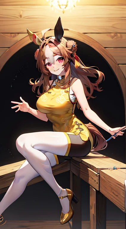 copano rickey \(umamusume\), Smile, gray tight Chinese dress, Gold patterns, Sleeveless, Shorts, pantyhouse, large breasts, Needle control, Masterpiece, hiquality, 4k, HD, Good detail