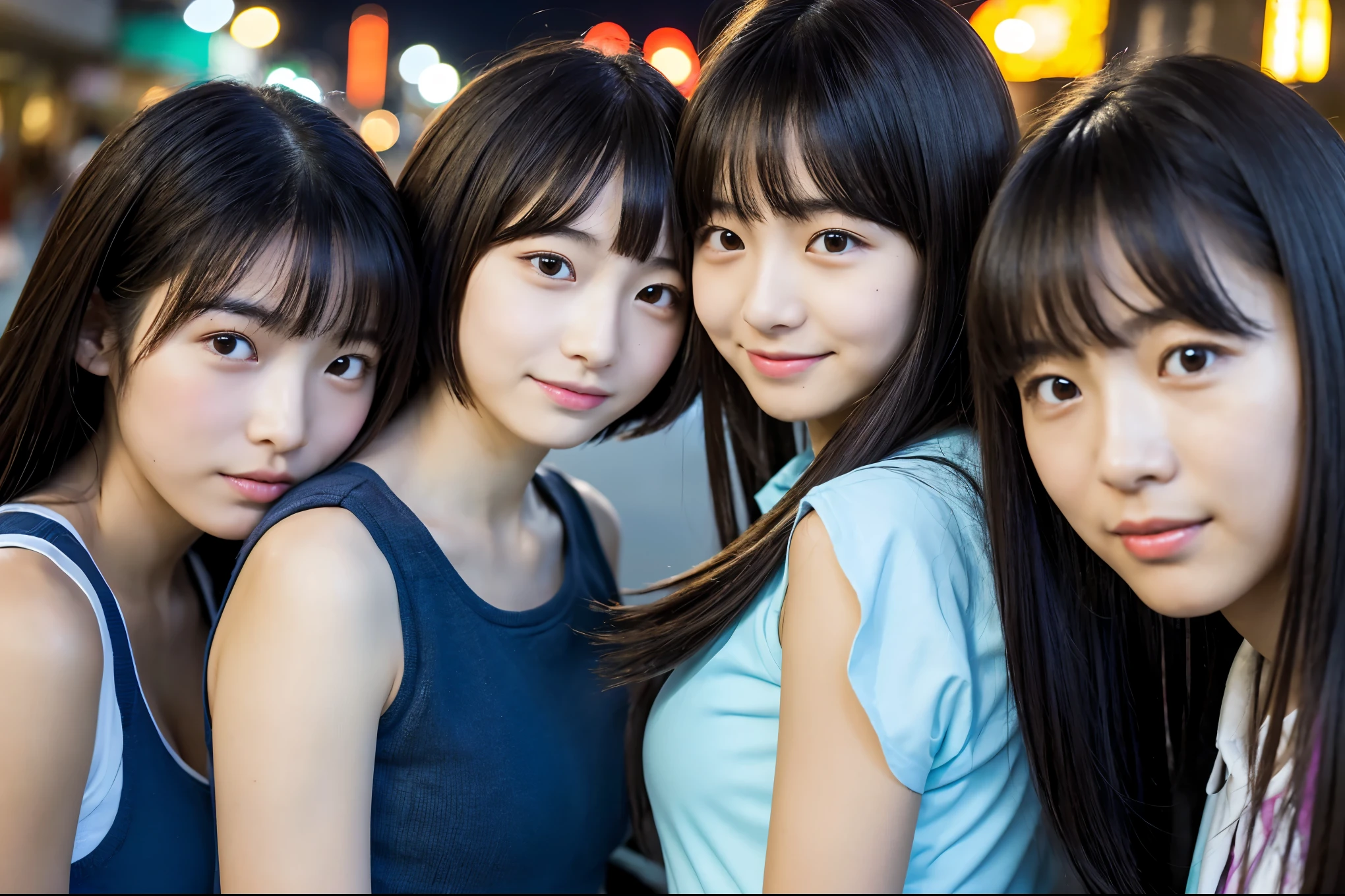 Very detailed　super high quality　super high quality　Surreal　photograph　3 Japanese girls　Very detailed　(Each girl has a different hairstyle randomly、A different face:1.3) 　smile　Fair skin　16 years old　((Half-open lips:1.3))　Beautiful and soft skin　((Beautifully styled straight short hair))  Beautiful and perfect body　very cute　Beautiful young man with clear skin々New Skins　16 years old　(High school girl wearing a sleeveless shirt) Big Breasts　whole body　Everyday City　Busy city　　((night))　audience&#39;perspective　　Front view　　(Big Breasts:1.3)   (Cleavage)　(Amazingly cute girl:1.3)　　(whole bodyポートレート)　
