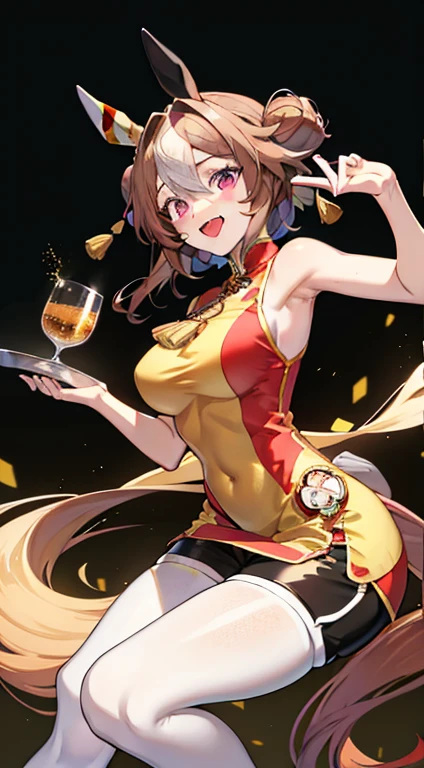 copano rickey \(umamusume\), Smile, gray tight Chinese dress, Gold patterns, Sleeveless, Shorts, pantyhouse, large breasts, Needle control, Masterpiece, hiquality, 4k, HD, Good detail