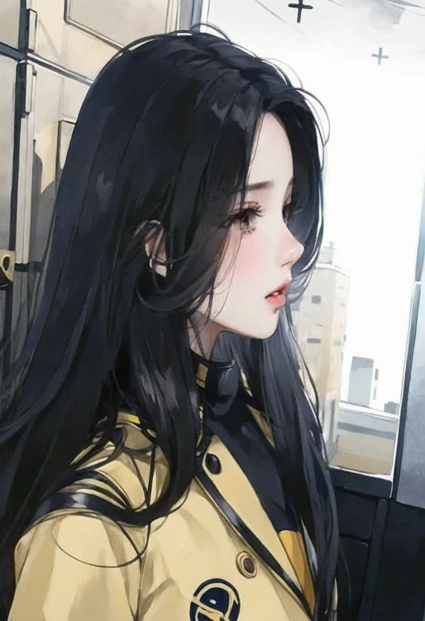 Chica anime con cabello largo y negro y una chaqueta amarilla., chica anime con pelo largo, perfil de chica anime, hermoso retrato animado, con el pelo largo y oscuro, hermoso estilo anime, hermosa chica anime, chica anime atractiva, Chica con pelo negro, hermosa mujer anime, hermosa cara de anime, por Yang J., hermosa pintura de personajes, personaje de anime femenino, pelo largo y negro detallado