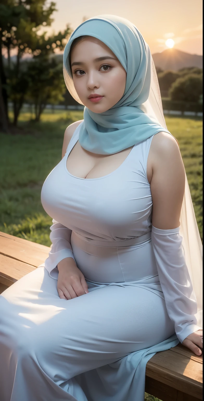 ( Close Up),RAW, Best quality, high resolution, works: 1.3), Beautiful Malay woman in hijab, Masterpiece, fit body, big breasts, beautiful big eyes, Soft smile, beautiful face, woman sitting at a table in a green meadow, traditional beauty, moment sunset, in the field, in the countryside, beautiful woman, with the sunset, wearing a soft long dress,muslim, on a wooden table, hijab, beautiful woman, with a beautiful appearance, a very beautiful masterpiece, a masterpiece of art, good lighting, Bright colors, Clean lines, chubby body, wide chubby hips, chubby arm, chubby massive thighs , massive cleavage , massive armpits 