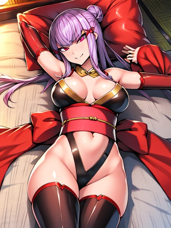 masterpiece, high res, detailed face, detailed eyes,  1girl, solo, top knot, black and gold outfit,  chinnese hairstyle, headband,(( scornful,contempt,evil smile)),, detailed eyes, 1 girl, solo, slender,  black gold outfit, pink sleeves, indoors,  outdoors, lying, armpits, sash, on back, outstretched arms, kimono, pink bow, spread arms, 