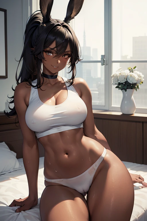 (masterpiece), best quality, highly detailed faces, (SHARP details), 4k, highly detailed, expressive eyes, SHARP detail expressive eyes, (SHARP detail perfect face), ((dark skin)), (bunny ears), (viera), ((black hair)), (choker) amber eyes, ponytail, wild tomboy hair, (large breasts), smiling, standing, (wearing tight white tank top), white tank top, 20 years old, ((wearing tight white panties)), ((solo)), nice hips, curvy, tall woman, bedroom, bed, windows, modern interior, aftersex, ((cameltoe)), midriff, big ass, crotch focus, ((sweat)), cleavage, 