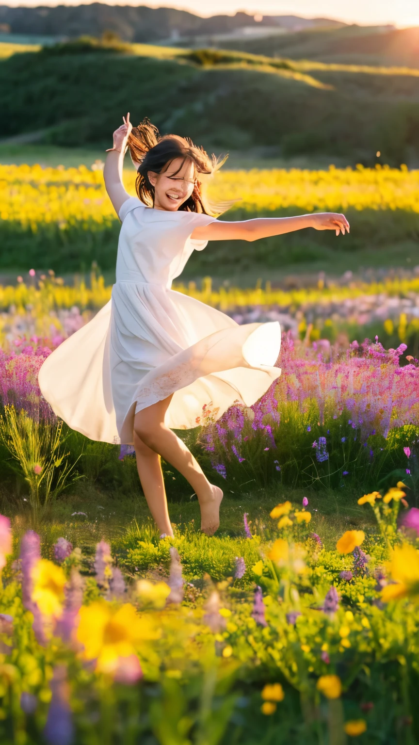 girl dancing joyfully in a field of wildflowers during a vibrant sunrise 
