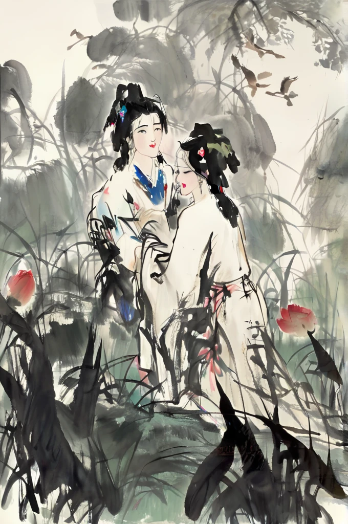 Chinese Ink Painting, 2名男孩互相kiss, kiss，arms in arms，In the Grass,Hanfu,Red lips,Looking at the audience, birds, Trees, Mountains, 