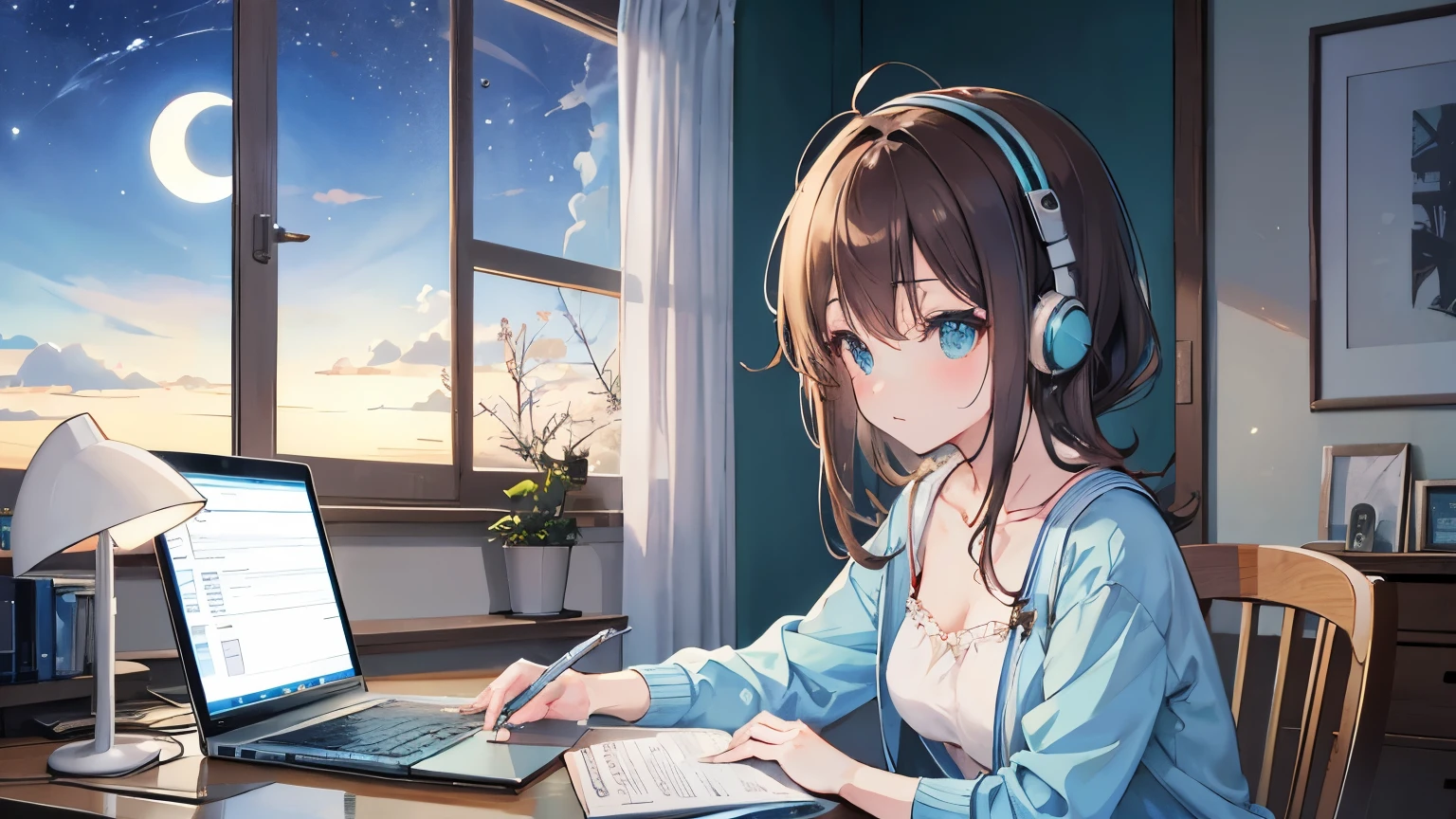 figure, Japanimation Style, super high quality, white, green, Light blue, The refreshing early summer season, night,Crescent Moon, Tokyo, Japanese, Brown Hair,、Loungewear, machine、cute, beautiful girl, Profile close-up, My Room, 壁際のmachine, Study while sitting in a chair, Hold the pen in your right hand, Looking at the notebook PC, headphone,The window is open, moonlight,Desk lamp light,machineの上にコーヒー