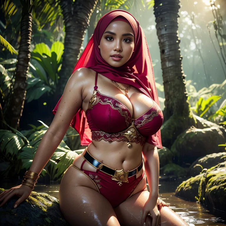 (((Two:2 Malay hijab girls in group, super gorgeous malay girls with big breasts, big breasts, big breasts, two:2 MAPAY women in lingerie posing for a picture in a jungle, oppai, posing together in bra, MIRA FILZAH and IMAN TAYORE, red bra, all red, oppai proportions, sexy :8, 4k))), 4 k ], big breasts!, bottom angle, big breasts!!, Malay beauties, biomechanical oppai, fujita goro and jones, thicc,RAW, Best quality, high resolution, masterpiece: 1.3), beautiful Hijab Malay woman in raincoat, high resolution, Masterpiece: 1.3,  Masterpiece, Soft smile,  black hair, crouching on rock, raining, vines all around, giant and wet trees ,bright sunshine, highres,4k,HDR,2 girls, photorealistic, realistic,sweat skin, wet bikini, wet body, big breast, ((full body))soaked, dripping, smiling at viewer, closeup, wearing hijab, hijab star, hijab gorgeous, hijab super model, Malaysian girls group,malay, The whole body consists of a young girl with hijab, Eye makeup, 21yo, Cat ears, Soft lighting, group, Wear shabby clothes, Dirty, Tattered futuristic bikini, Cat's paw badge, Pose, spot color, rendering by octane, Ultra-realistic intricate details, Cinematic, 8K resolution, 70mm, emphasis lighting, Global illumination, Full body portrait, clean detailed faces, Complex clothing, Cute face,  (((wearing a Sexy belt design by LV))) Surreal full-body figure, Beautiful and delicate body and face, gorgeous figure, ssmile, Titillating，Surreal full-body figure，Beautiful and detailed body and face, Super vista, White skin of the, vivd colour,🔥8k, masterpiece, RAW photo, best quality, (18k detail:1.2), photorealistic, extremely, deep shadow, earrings, bracelets, necklace,